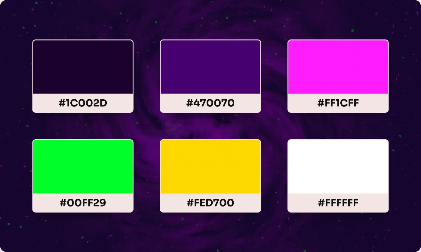 Cosmic purple and neon color palette for Laugh Masters